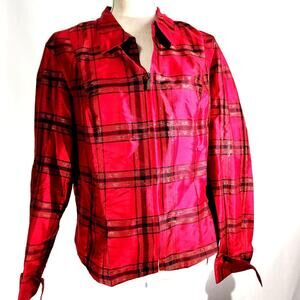 Vintage Coldwater Creek Silk Top SIZE PL Collared Red Plaid Metallic Zip Front
